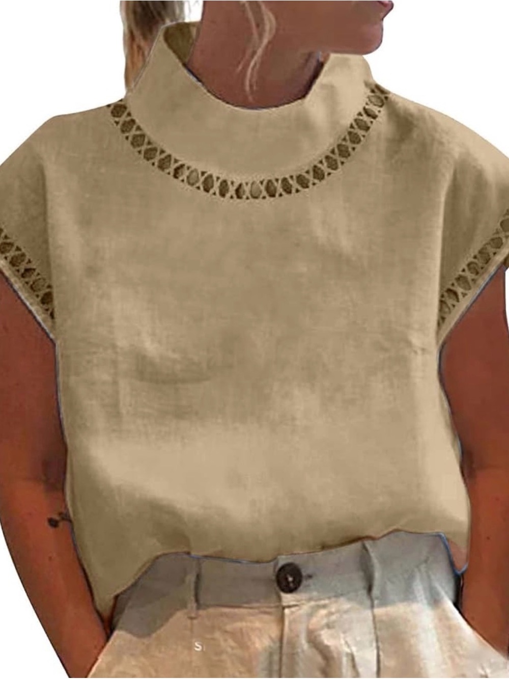 High-neck Crochet Cutout Top Size L Beige